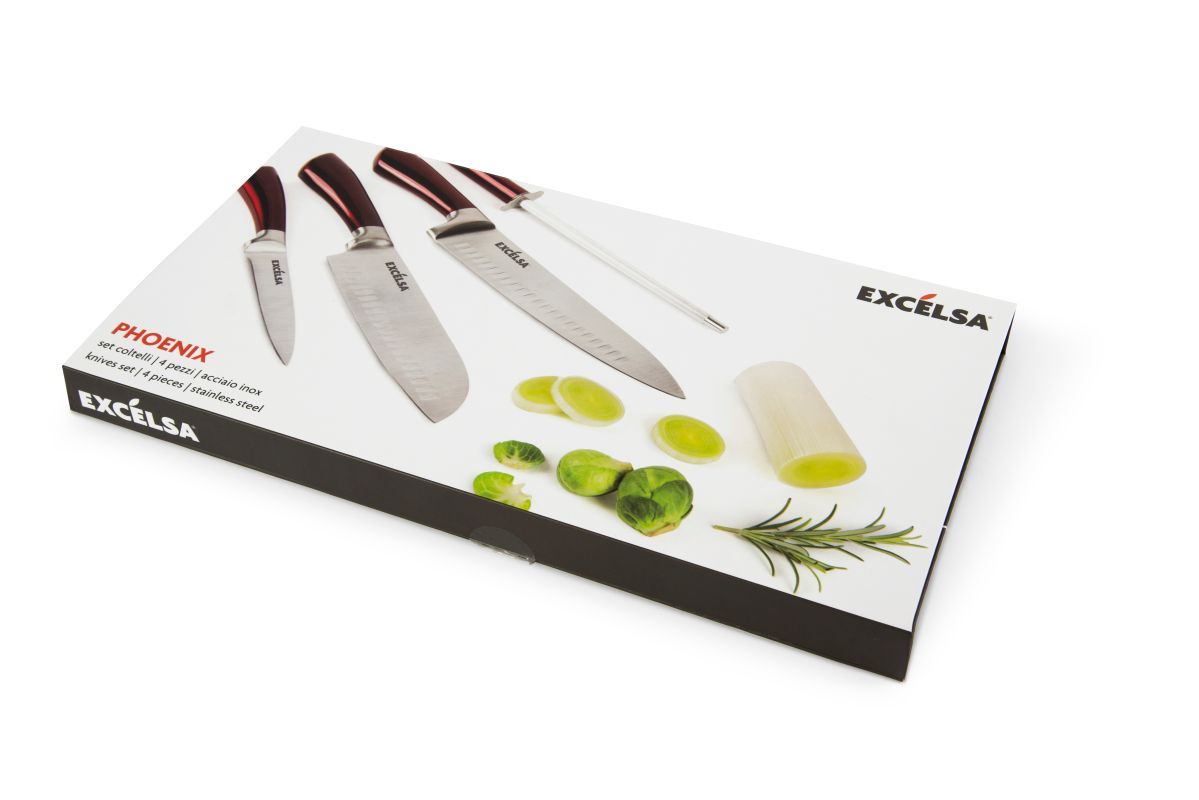 4 coltelli manico rosso, acciaio inox, con affilacoltelli