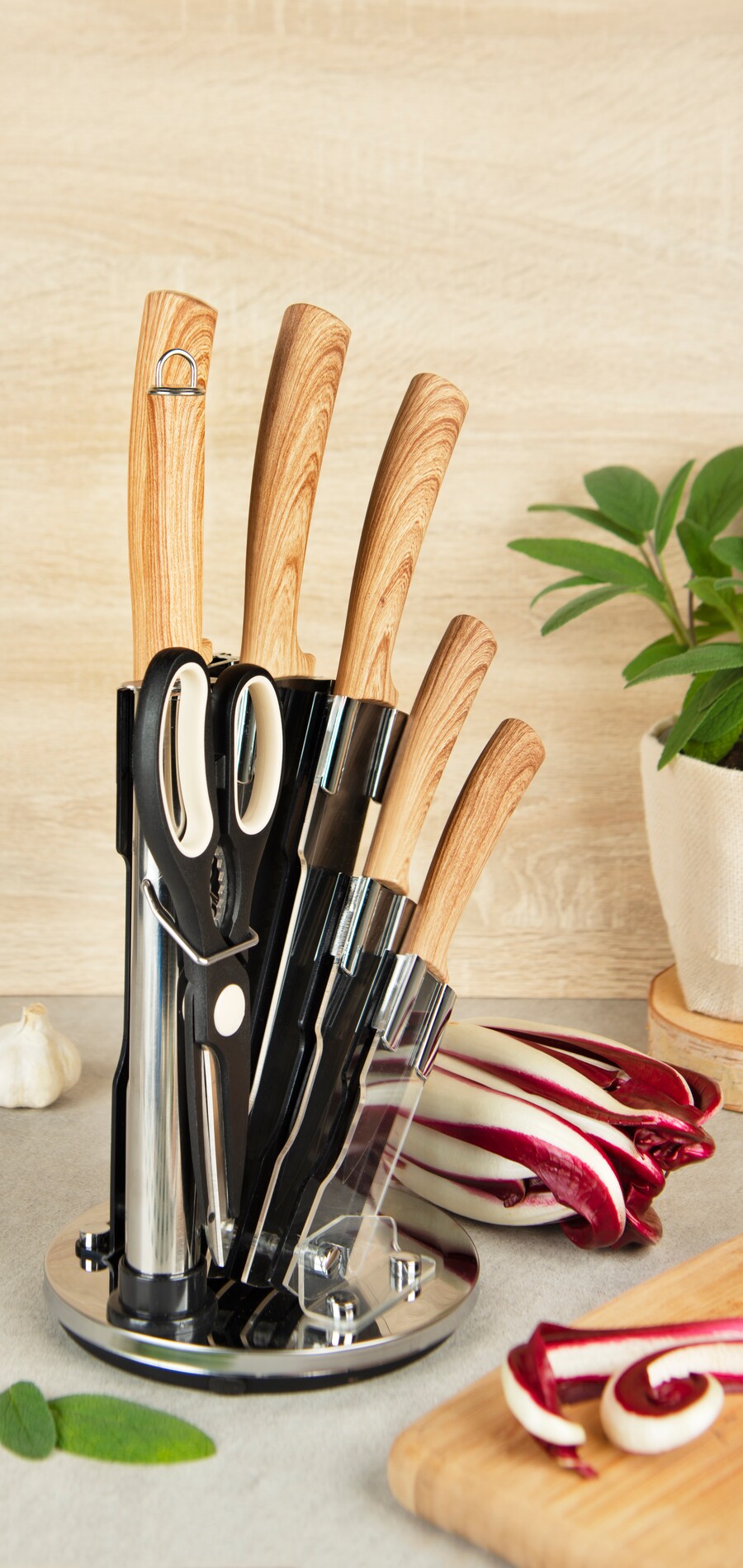 Ceppo coltelli 8 pezzi Black Wood in acciaio
