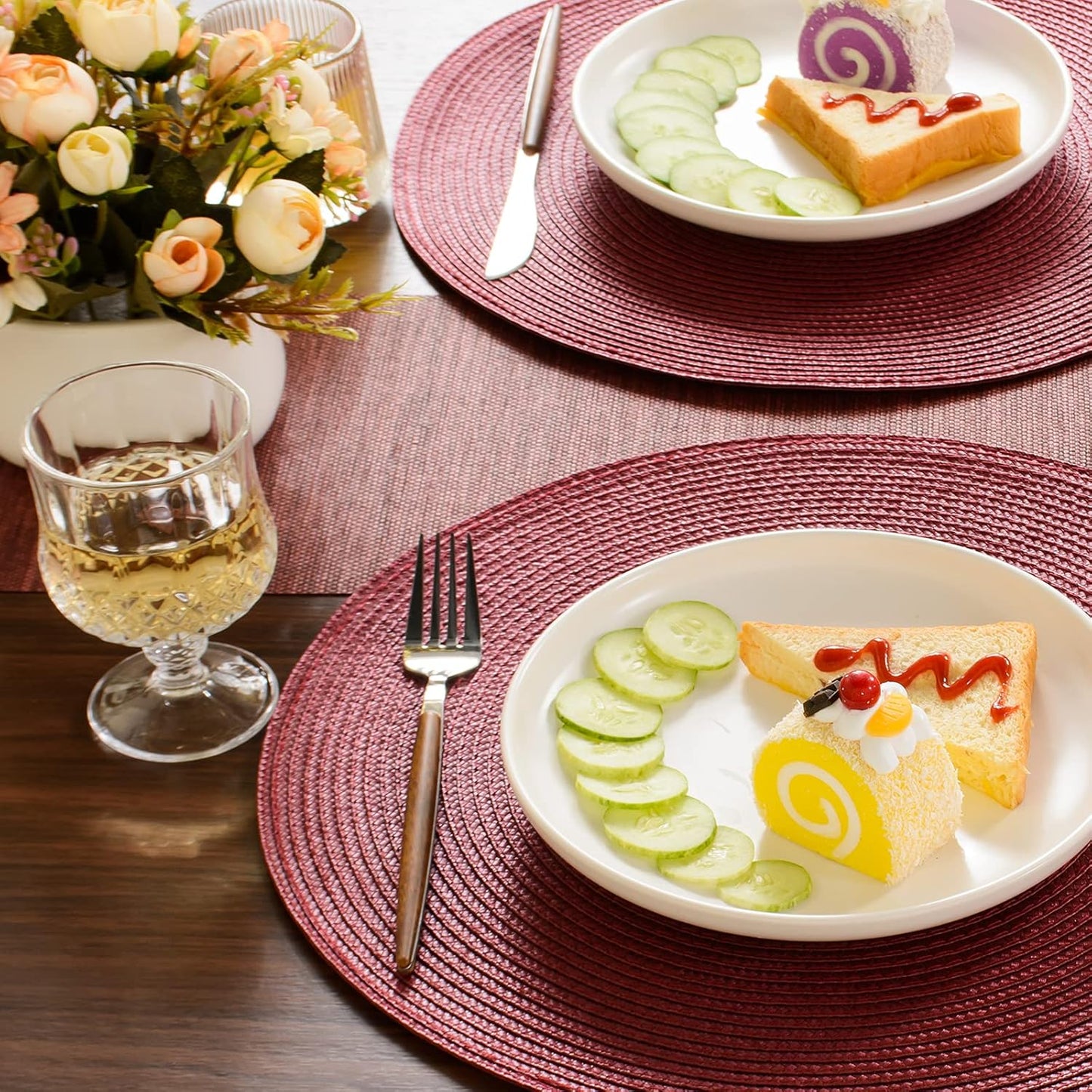 Set di 6 tovagliette rotonde bordeaux