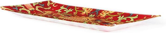 La Via della Seta Vassoio Rettangolare in Vetro, Decorato con Motivo Orientale Rosso e Oro
