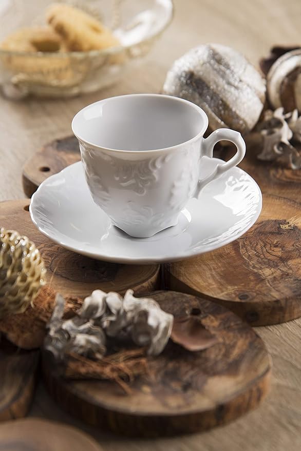 Tazze caffé con piattino ELISA ROCOCO' , porcellana bianco