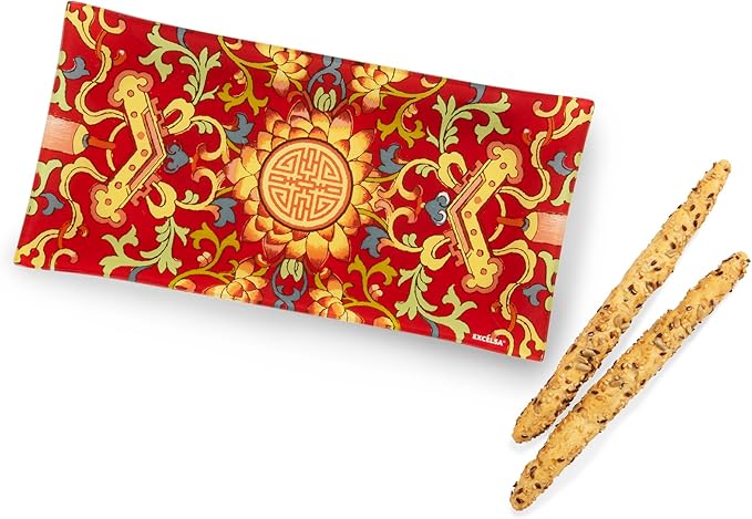 La Via della Seta Vassoio Rettangolare in Vetro, Decorato con Motivo Orientale Rosso e Oro