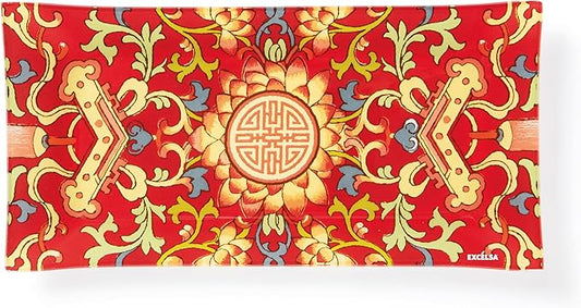 La Via della Seta Vassoio Rettangolare in Vetro, Decorato con Motivo Orientale Rosso e Oro