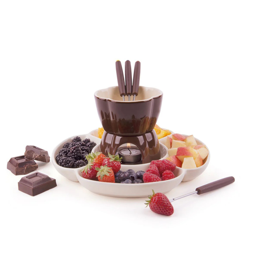 Set Chocolate per fonduta, 8 pezzi in ceramica, con piatto a servire