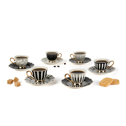 Set Alice 6 tazze con piattino, bianco, porcellana, bordo oro