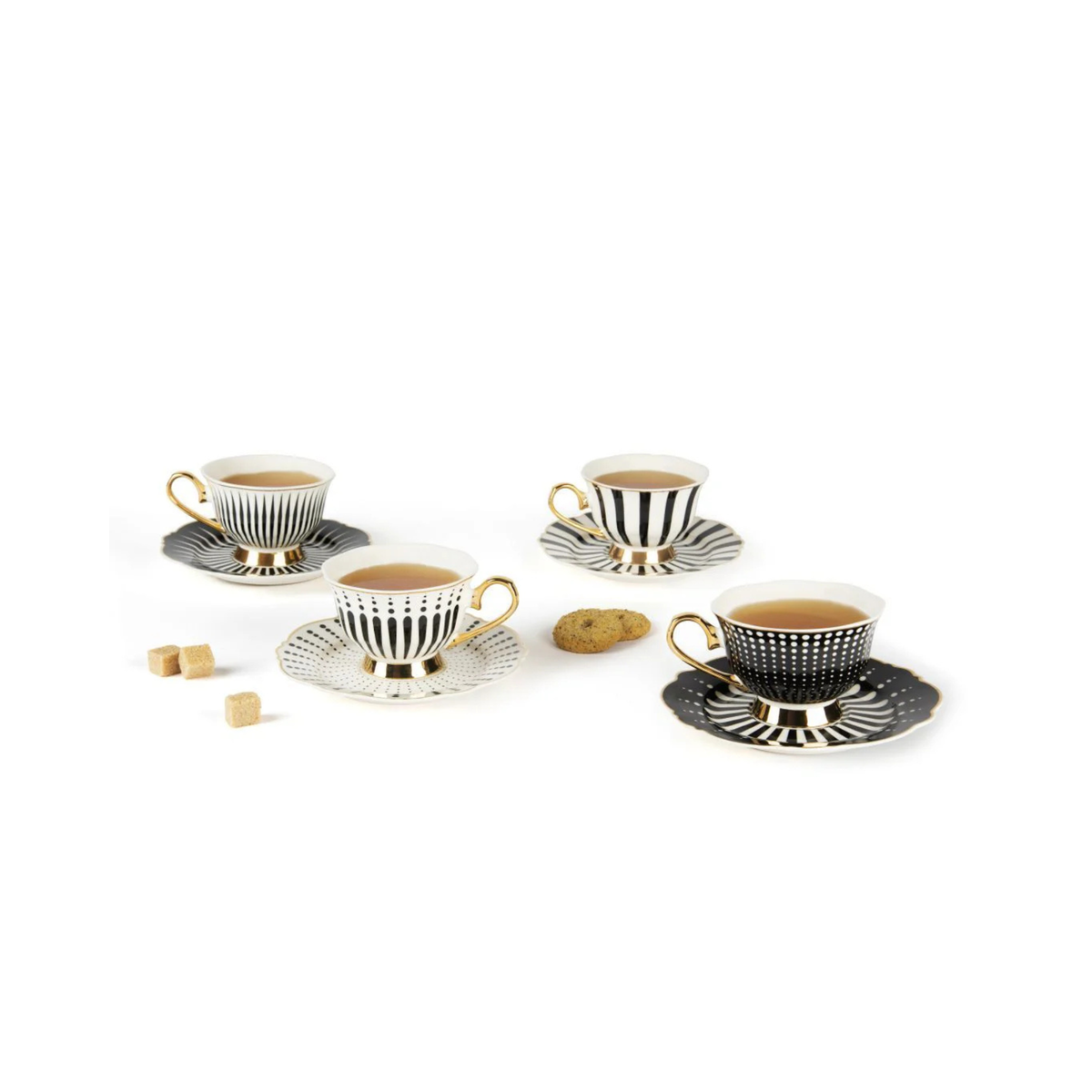 Set 4 tazze con piattino, bianco, porcellana, bordo oro