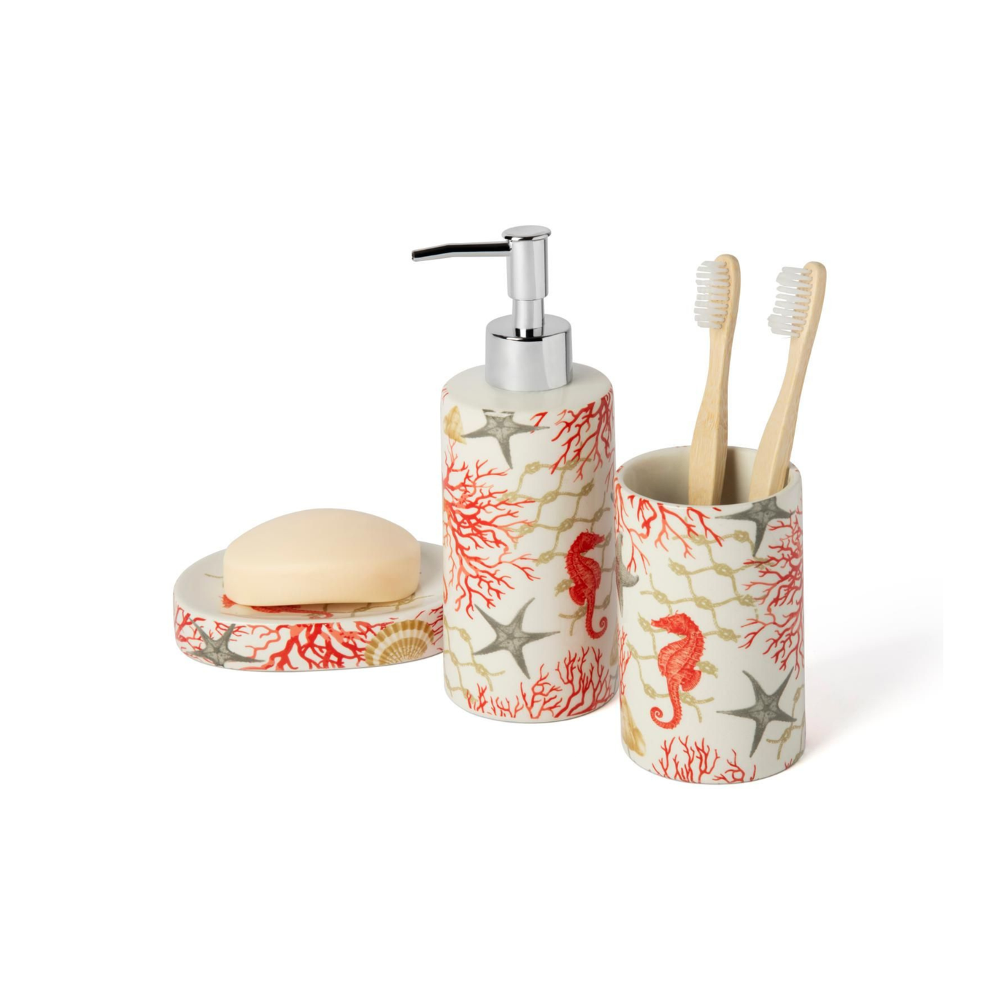 Accessori bagno in set CORAL, 3 pezzi, conchiglie e coralli