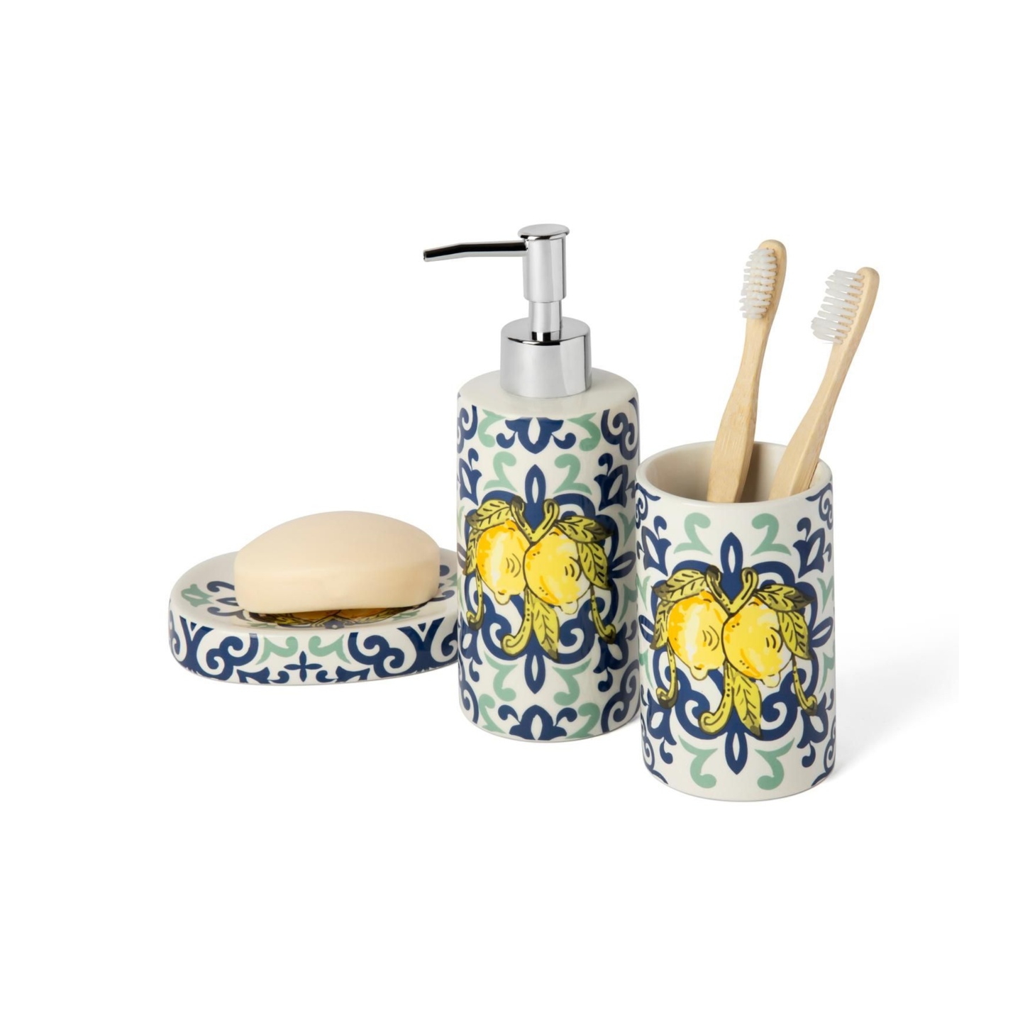 Accessori bagno in set AMALFI, 3 pezzi, limoni, mediterraneo