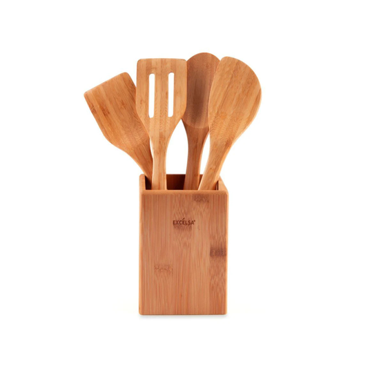 Portautensili con 4 utensili da cucina, in bambù