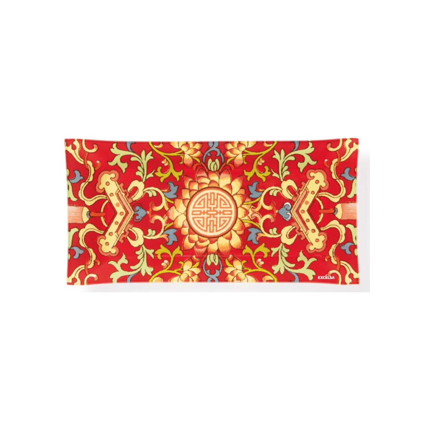 La Via della Seta Vassoio Rettangolare in Vetro, Decorato con Motivo Orientale Rosso e Oro