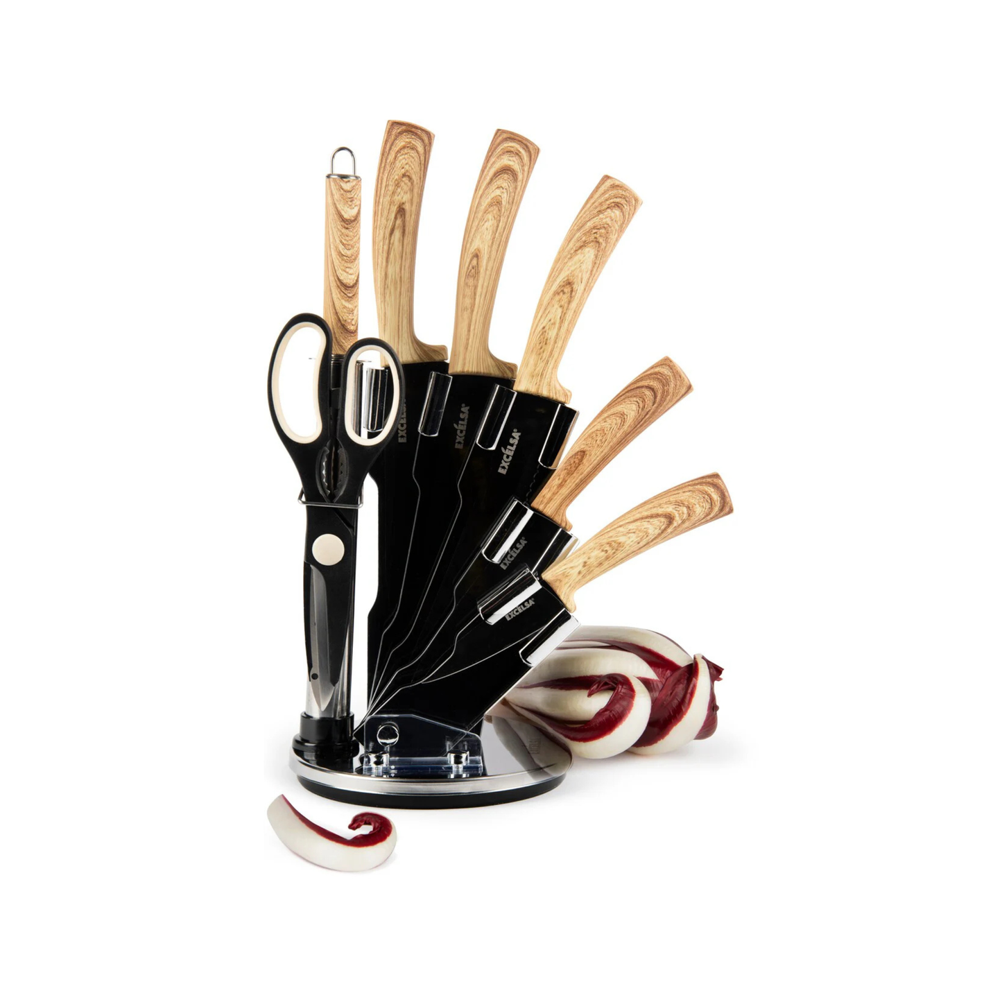 Ceppo coltelli 8 pezzi Black Wood in acciaio