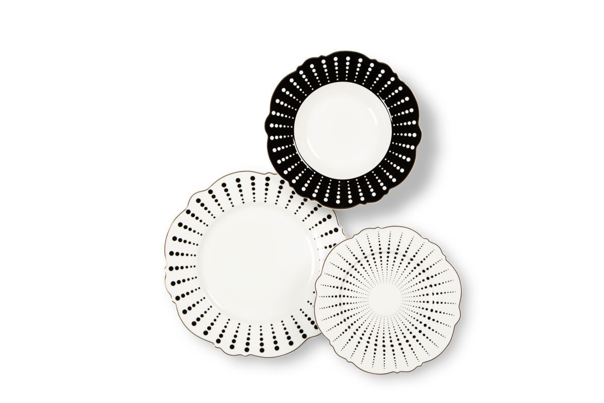 Servizio piatti Alice , geometrie filo oro, porcellana, 18 pezzi