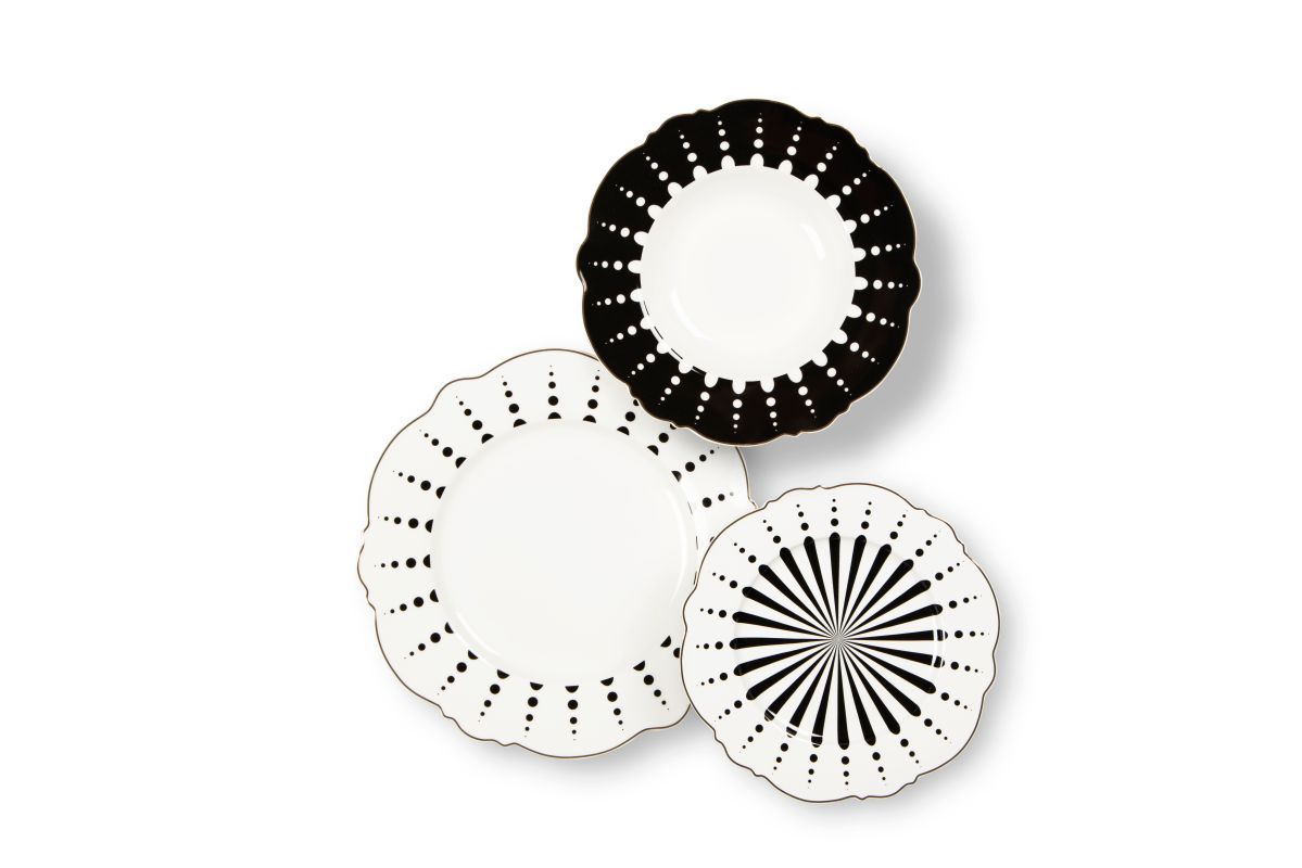 Servizio piatti Alice , geometrie filo oro, porcellana, 18 pezzi