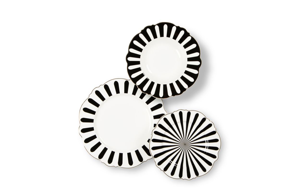 Servizio piatti Alice , geometrie filo oro, porcellana, 18 pezzi