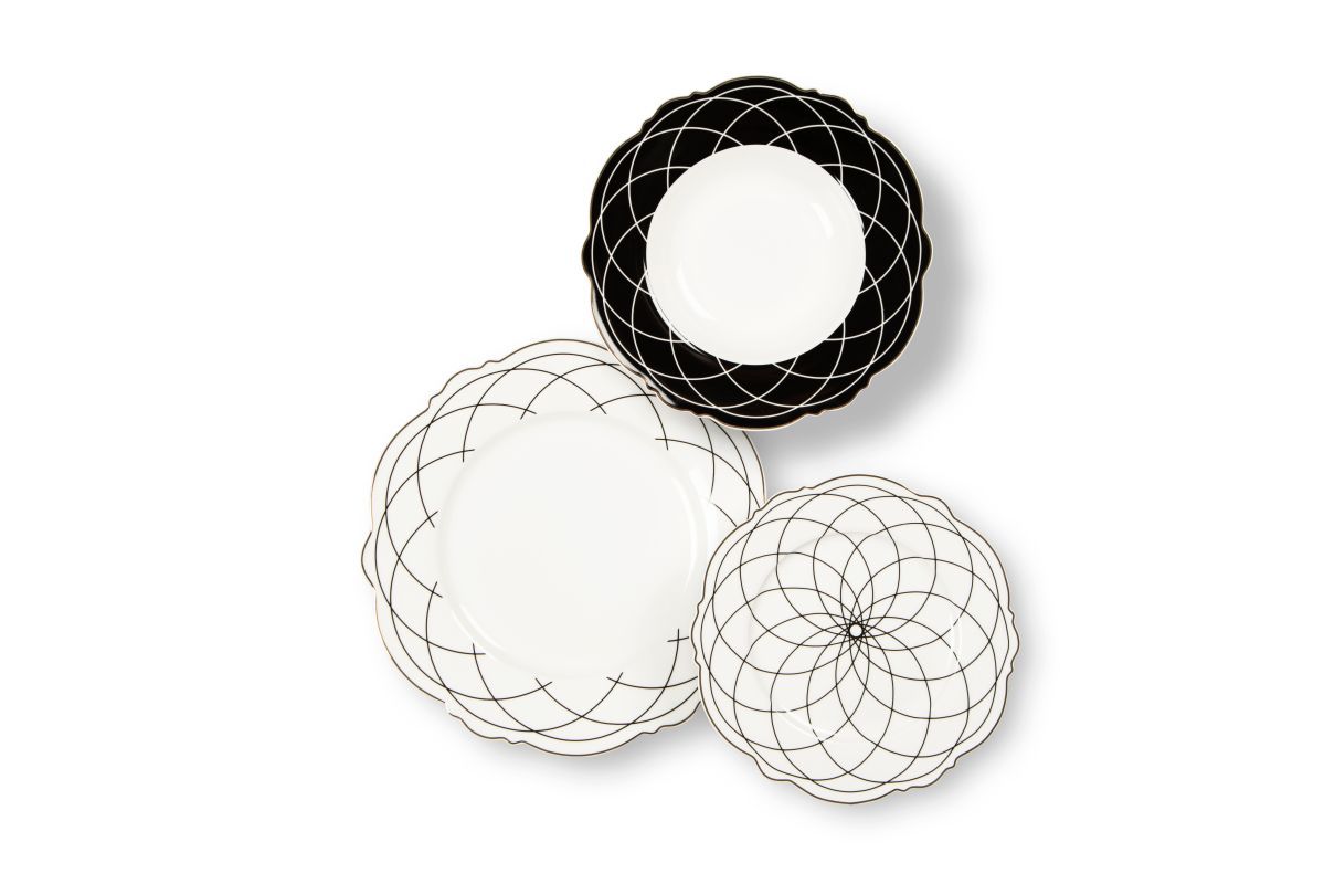 Servizio piatti Alice , geometrie filo oro, porcellana, 18 pezzi