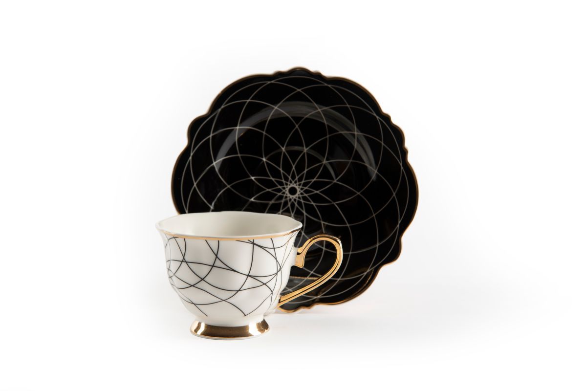 Set Alice 6 tazze con piattino, bianco, porcellana, bordo oro