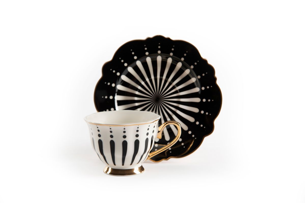 Set Alice 6 tazze con piattino, bianco, porcellana, bordo oro