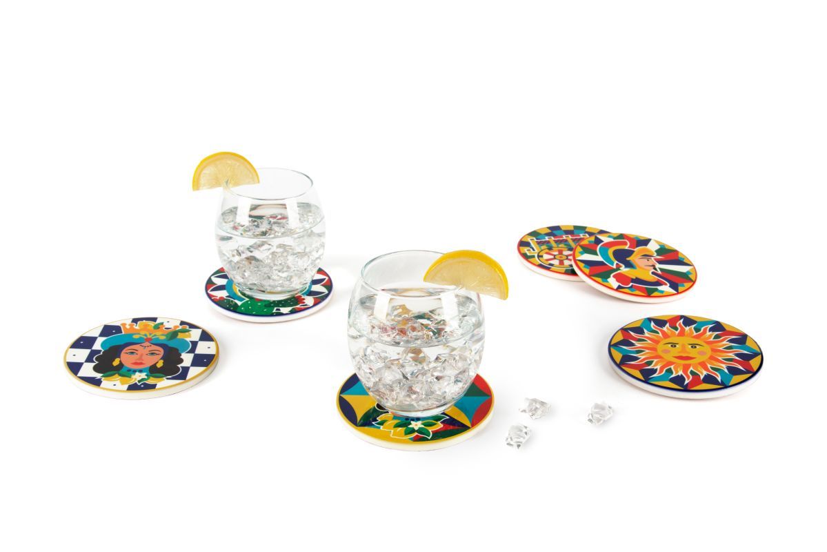 Sottobicchieri, 6 pezzi, ceramica, stile siciliano