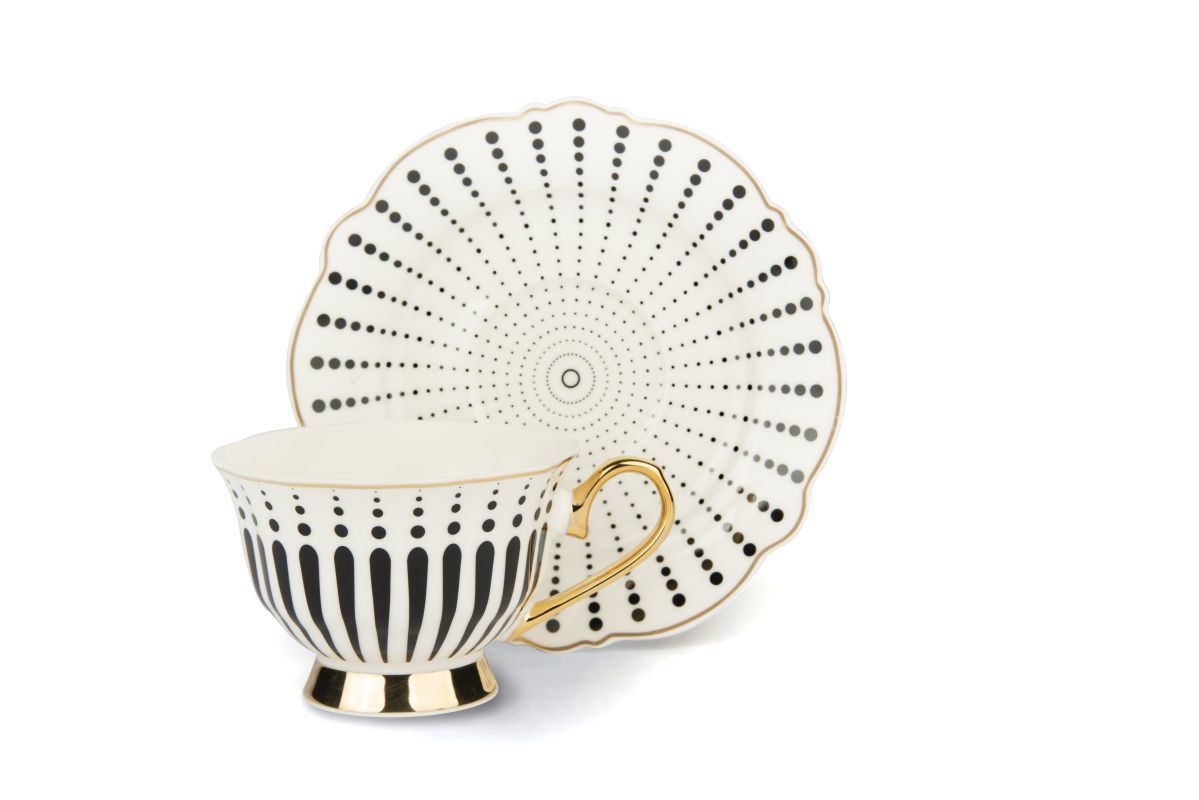 Set 4 tazze con piattino, bianco, porcellana, bordo oro