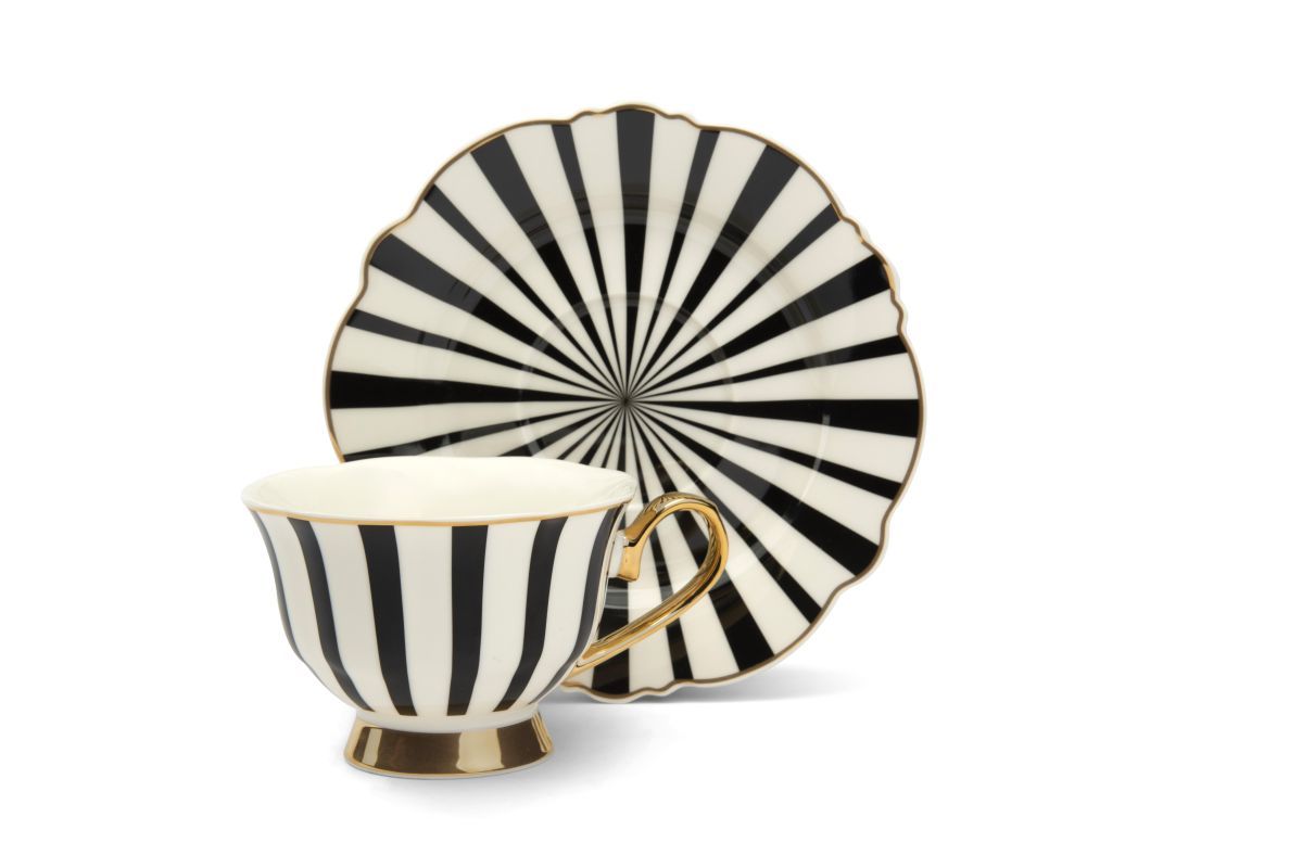 Set 4 tazze con piattino, bianco, porcellana, bordo oro
