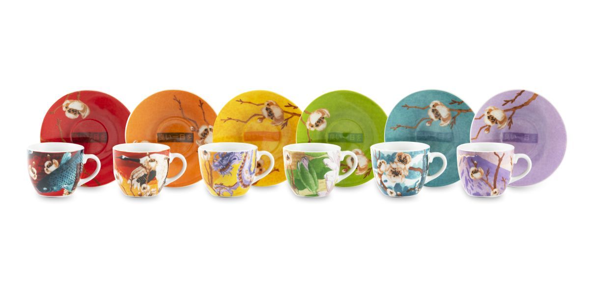 Set FUJI 6 tazzine con piattino, stile giapponese, porcellana