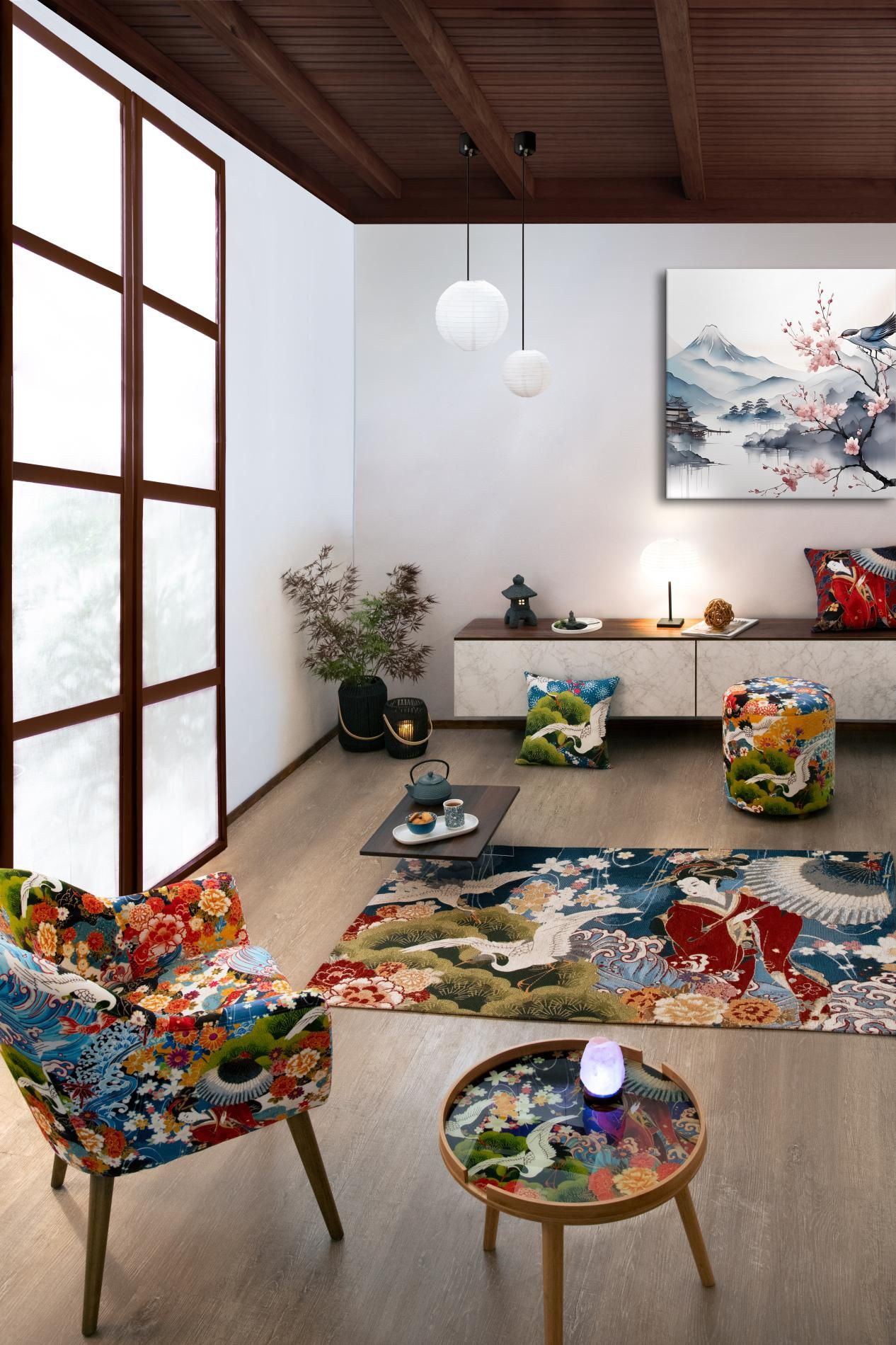 Cuscino decorativo KIMONO, stile giapponese, airone, 45x45 cm