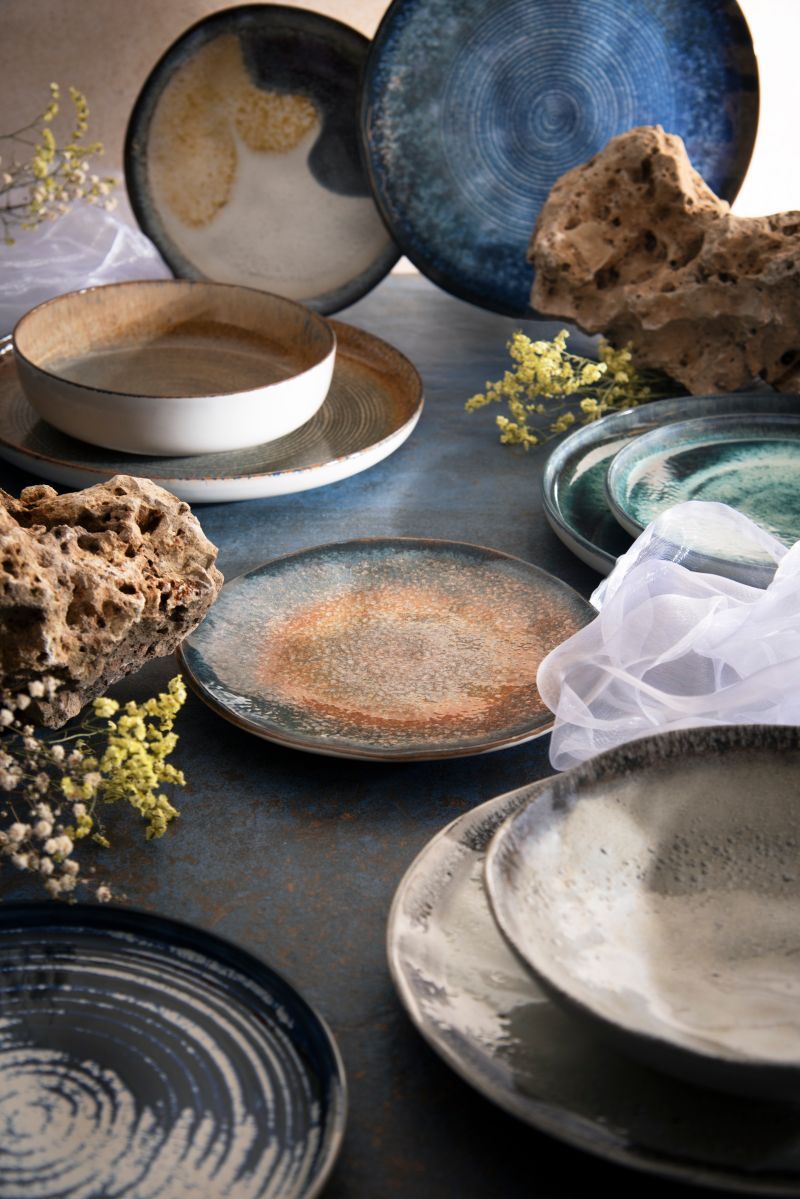 Servizio piatti POSEIDONE, effetto artigianale, 3 pezzi, ceramica