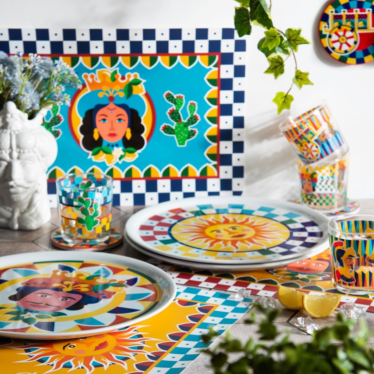 Sottobicchieri, 6 pezzi, ceramica, stile siciliano