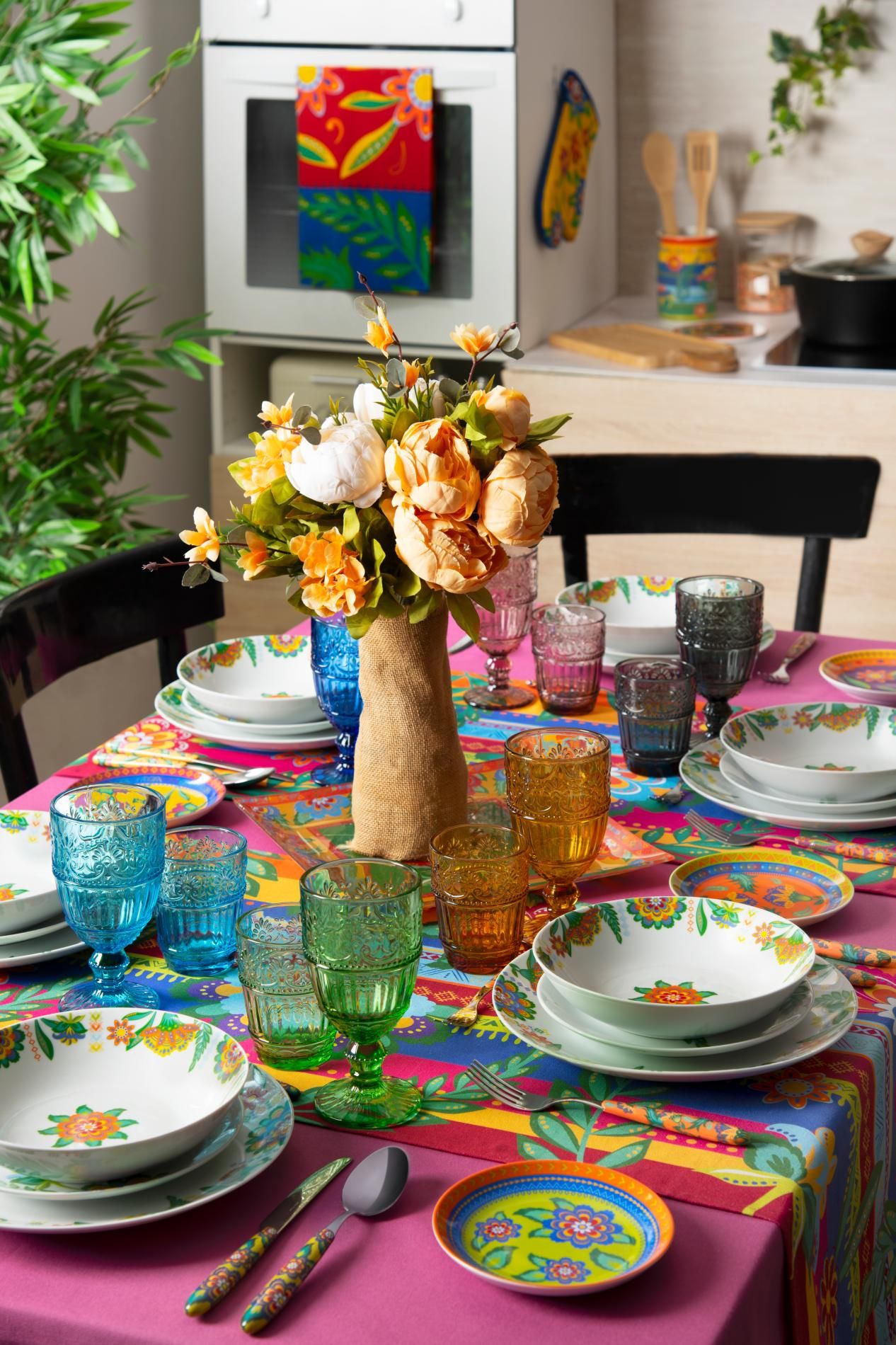 Bicchieri acqua COUNTRY FLOWER, multicolore, vetro colorato in pasta ml 300
