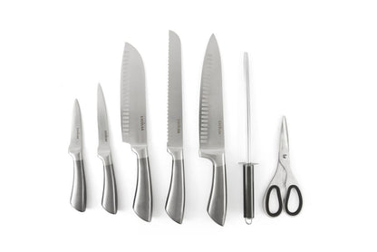 Ceppo con 5 coltelli, forbice, affilacoltelli, argentato