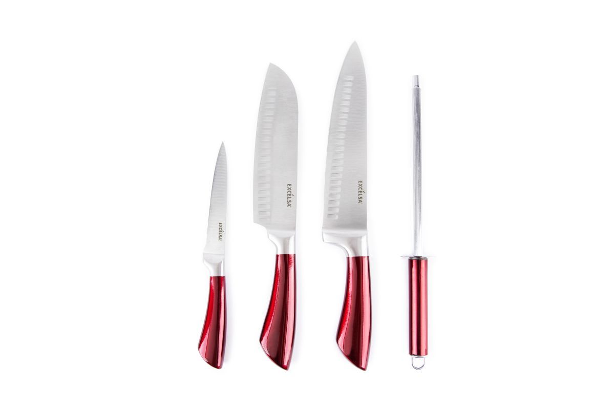 4 coltelli manico rosso, acciaio inox, con affilacoltelli