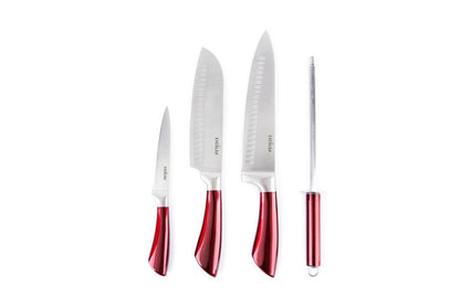 4 coltelli manico rosso, acciaio inox, con affilacoltelli
