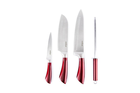 4 coltelli manico rosso, acciaio inox, con affilacoltelli