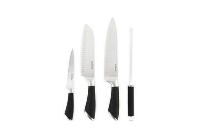 4 coltelli manico nero, acciaio inox, con affilacoltelli