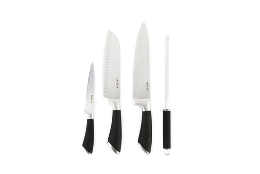 4 coltelli manico nero, acciaio inox, con affilacoltelli
