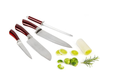 4 coltelli manico rosso, acciaio inox, con affilacoltelli