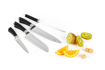 4 coltelli manico nero, acciaio inox, con affilacoltelli
