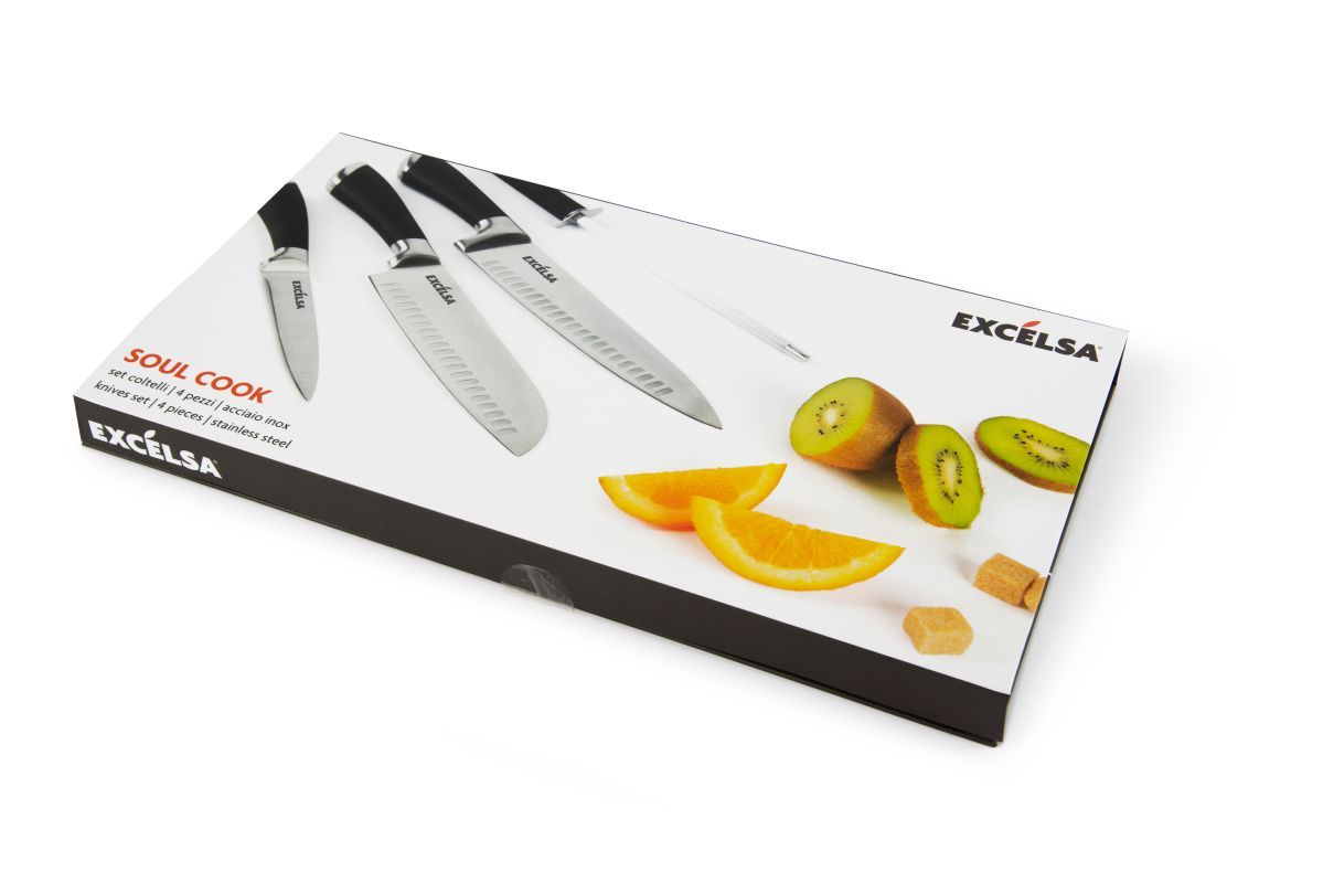 4 coltelli manico nero, acciaio inox, con affilacoltelli