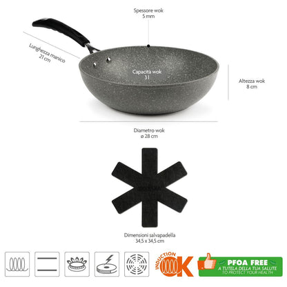 Wok antiaderente, effetto pietra, 28 cm